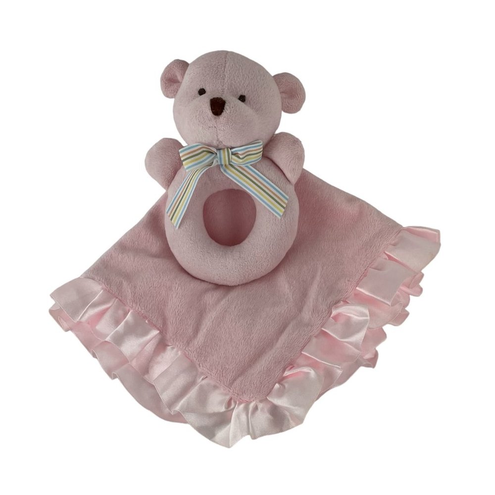 Carters Pink Teddy Bear Lovey & Rattle Soft Toy Satin Trim Baby Security Blanket